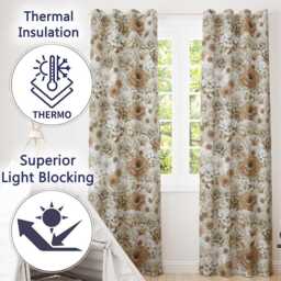 Elegant Vintage Floral Roses Peonies Daisy Seamless Pattern Neutral Beige Readymade Eyelet Ring Top Thermal 100% Blackout Curtains - thumbnail 3