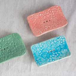 Handmade Ceramic Soap Dish - Rectangular Lace Texture Soap Holder in Turquoise, Green & Pink