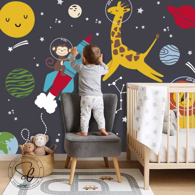 Large Galaxy Wall Mural For Kids Room, Solar System, Happy Planets, Toddler Space Decor - image 1