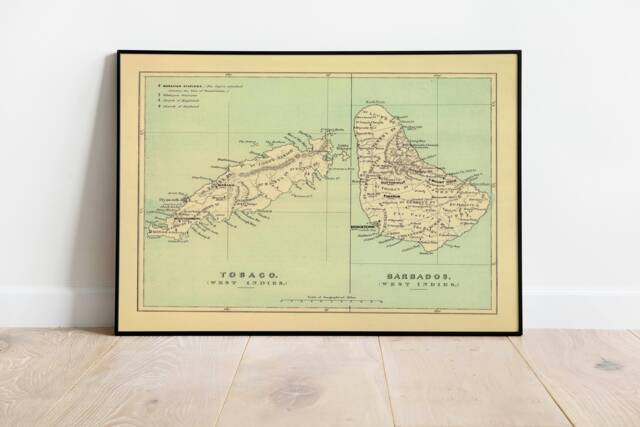Vintage Tobago & Barbados Map Print 1853 Island Wall Art - image 1