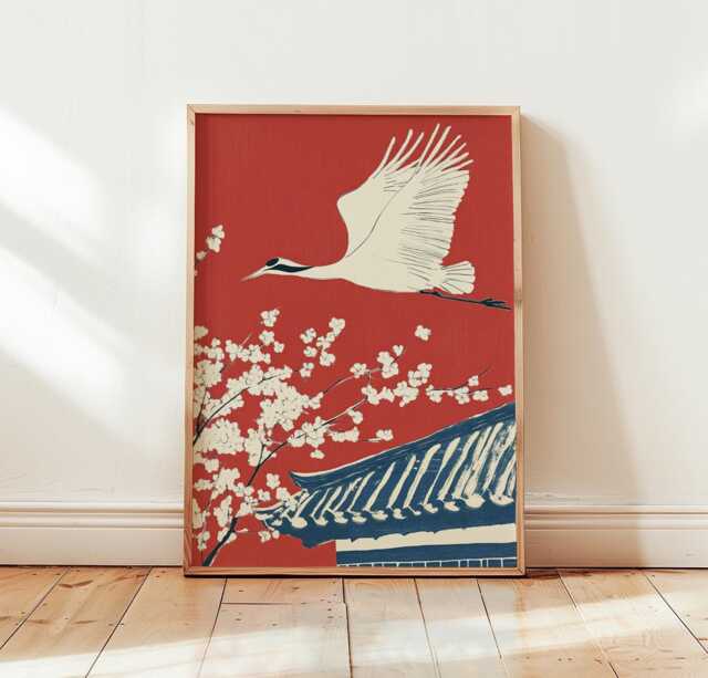 Japanese Crane Poster, Red Wall Art, Asian Bird Print - image 1