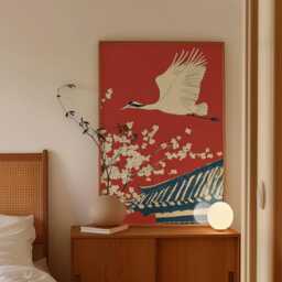 Japanese Crane Poster, Red Wall Art, Asian Bird Print - thumbnail 2