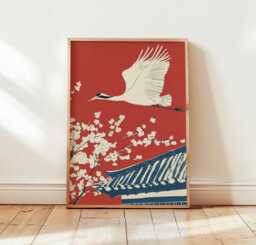 Japanese Crane Poster, Red Wall Art, Asian Bird Print - thumbnail 1
