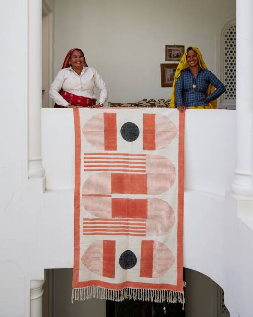 Handmade Block Print Cotton Rug Bauhaus Abstract Design - image 1