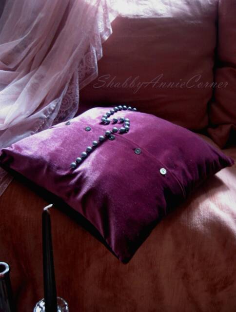 Dusty Burgundy Velvet Pillow Cover With Pearly Buttons 16In - Plum Purple Home Decor - image 1