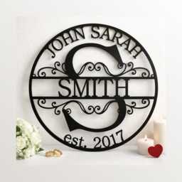 Personalized Family Name Sign, Split Letter Monogram, Wedding Established Date Wall Hanging - thumbnail 1