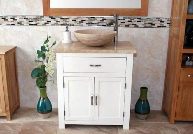 Bathroom White Painted Vanity Unit Modern Cabinet Wash Stand Travertine Top & Basin 502Ptt25T - image 1