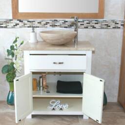 Bathroom White Painted Vanity Unit Modern Cabinet Wash Stand Travertine Top & Basin 502Ptt25T - thumbnail 3
