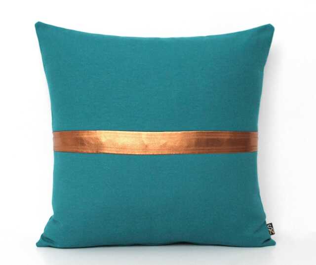 Dark Teal & Metallic Copper Pillow Colorblock Cover - All Sizes, Custom Stripe Color, Glam Throw Cushion - image 1