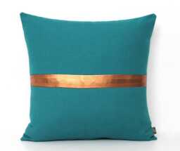 Dark Teal & Metallic Copper Pillow Colorblock Cover - All Sizes, Custom Stripe Color, Glam Throw Cushion - thumbnail 1