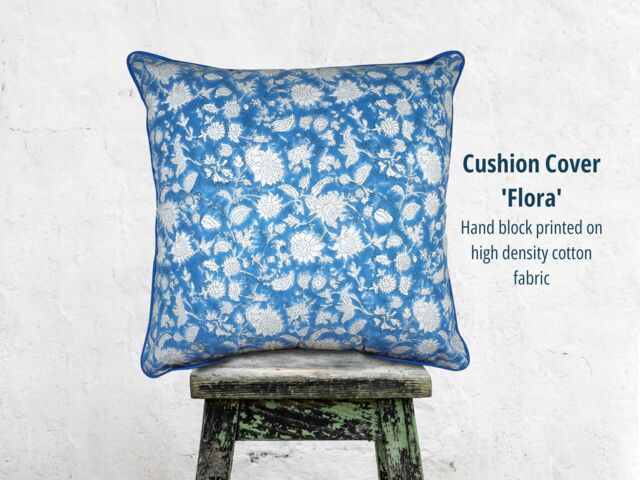 Cushion Cover 50 X cm Floral Motif, Deep Turquoise Blue & White, Block Print On Organic Cotton, Scatter Cushions, Throw Pillow, Piping - image 1
