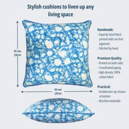 Cushion Cover 50 X cm Floral Motif, Deep Turquoise Blue & White, Block Print On Organic Cotton, Scatter Cushions, Throw Pillow, Piping - thumbnail 2