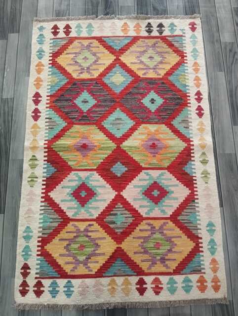 Handmade Afghan Kilim Rug, Multicolour Artisan Turkish Persian Navajo Flatweave, Natural Wool, Tribal Geometric Design 155x100 cm - image 1