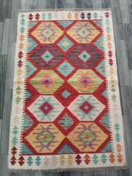 Handmade Afghan Kilim Rug, Multicolour Artisan Turkish Persian Navajo Flatweave, Natural Wool, Tribal Geometric Design 155x100 cm - thumbnail 1