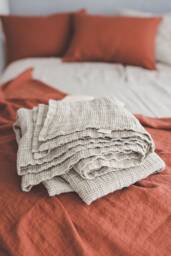 Waffle Linen Throw Blanket, Heavyweight Waffle Bed Throw, Weave Softened Summer Blanket - thumbnail 1
