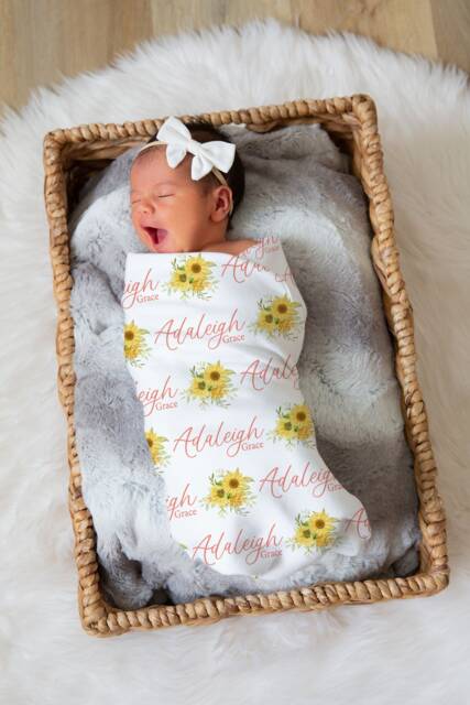 Personalized Baby Swaddle With Sunflowers, Perfect Shower Gift For Mom To Be, Birth Announcement Blanket Name, Js15 - image 1