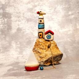 Tiny Ceramic Village, Nautical Art, Lighthouse Decor, Unique Ceramics, Rustic Home Gift For Mam, Village Miniature, Naive Art - thumbnail 3