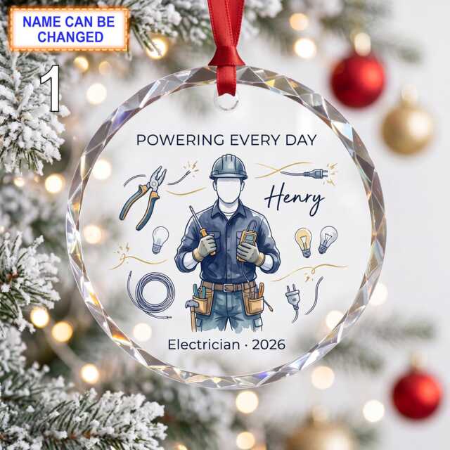 Powering Every Day Christmas Glass Ornament, Custom Electrician Keepsake With Wires, Tools, Light Bulbs & Electrical Details - image 1