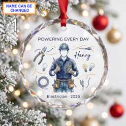 Powering Every Day Christmas Glass Ornament, Custom Electrician Keepsake With Wires, Tools, Light Bulbs & Electrical Details - thumbnail 1