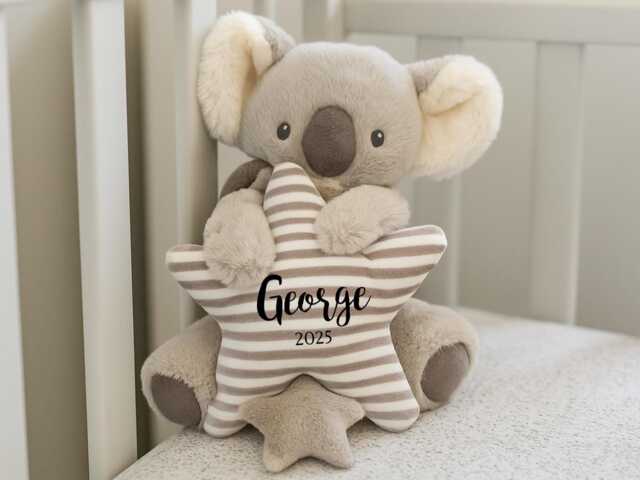 Personalised New Baby Gift, Eco-Friendly Musical Koala, Gifts For Kids, Nursery Decor, Rattle, Girl, Boy - image 1