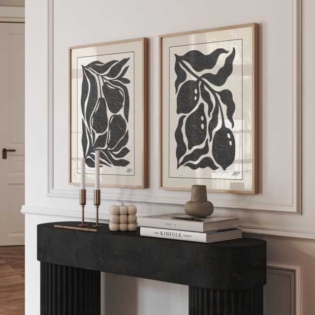 Set Of 2 Abstract Fruit Prints - Black Botanical Line Art Modern Minimalist Kitchen Or Dining Room Wall - image 1
