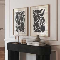 Set Of 2 Abstract Fruit Prints - Black Botanical Line Art Modern Minimalist Kitchen Or Dining Room Wall - thumbnail 1