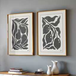 Set Of 2 Abstract Fruit Prints - Black Botanical Line Art Modern Minimalist Kitchen Or Dining Room Wall - thumbnail 3