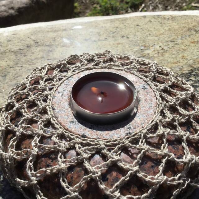 stone Tea Light Holder - Handmade Linen Crochet Accent - image 1