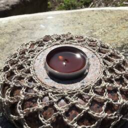 stone Tea Light Holder - Handmade Linen Crochet Accent - thumbnail 1