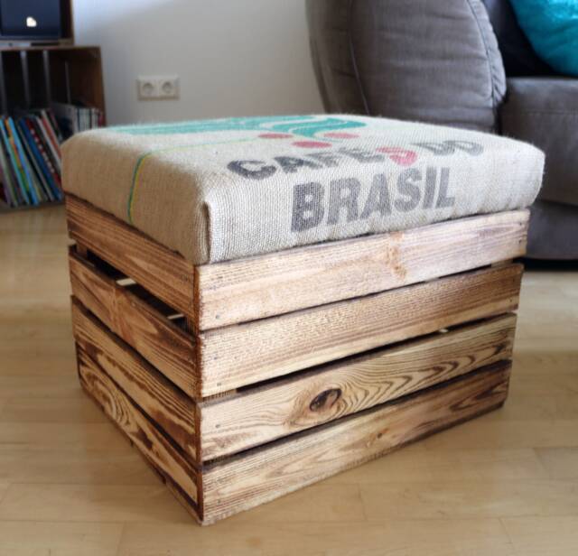 Seat Stool Made From Fruit Crates With Original Coffee Sack Cover Rustic Wooden Box Coffee Sack Stool Jute Upholstery Chest Retro Chair Gift - image 1
