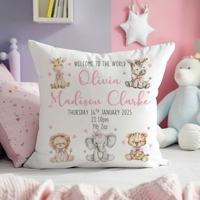 New Baby Gift, Personalised Cushion, Cute Jungle Animals Nursery Girls Girl Decor - image 1