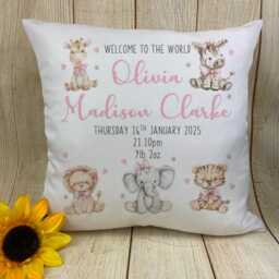 New Baby Gift, Personalised Cushion, Cute Jungle Animals Nursery Girls Girl Decor - thumbnail 3