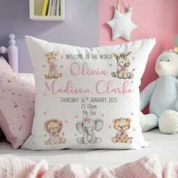 New Baby Gift, Personalised Cushion, Cute Jungle Animals Nursery Girls Girl Decor - thumbnail 1