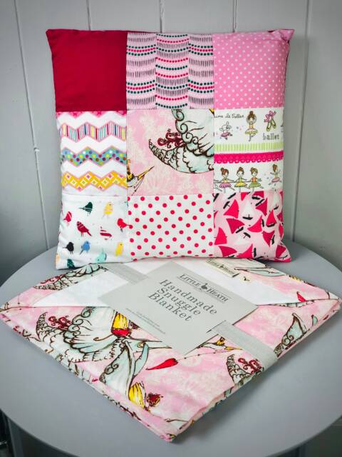 Handmade Baby Girl Pink Swaddle Blanket Wrap & Matching Patchwork Nursery Cushion Newborn Gift Set - image 1