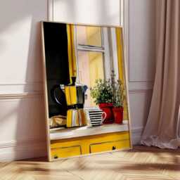 Italian Coffee Art Print, Modern Kitchen Wall Art, Espresso Maker Poster, Bright Yellow Cafe Decor, Contemporary Home Artwork - thumbnail 2
