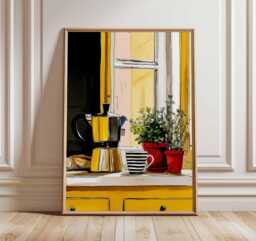 Italian Coffee Art Print, Modern Kitchen Wall Art, Espresso Maker Poster, Bright Yellow Cafe Decor, Contemporary Home Artwork - thumbnail 1