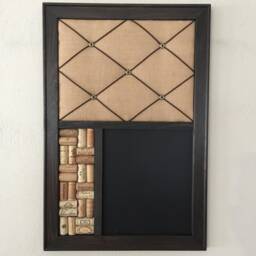 Rustic Farmhouse Wall Organizer, Burlap Memo Board, Wine Cork & Chalkboard Or Whiteboard Dry Erase - thumbnail 3