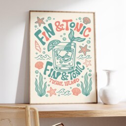 Fin & Tonic Poster Print, Tropical Cocktail Wall Art With Gin Glass Beach Icons Illustration, Retro Bar Decor, Vintage Linocut Style - thumbnail 2
