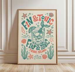 Fin & Tonic Poster Print, Tropical Cocktail Wall Art With Gin Glass Beach Icons Illustration, Retro Bar Decor, Vintage Linocut Style - thumbnail 1