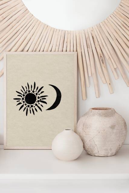 Bohemian Sun & Moon Print - The Sun, Moon, Imperfect, Minimalist, Beige & Black, Abstract Home Print, Natural Earthy, Celestial Art - image 1