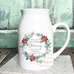 Personalised Merry Christmas Mum Nanna Nanny Granny Mummy Grandma ... Home Poinsettia Floral Ceramic Small Vase Jug Mug Gift - thumbnail 1