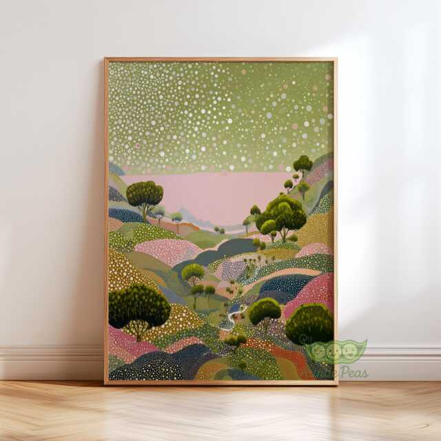 Abstract Green Countryside Art Print, Yayoi Kusama Landscape Poster, Dreamy Nature Wall Art, Modern Valley Decor, Pastel Hillside Artwork - image 1