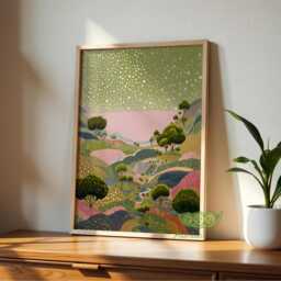 Abstract Green Countryside Art Print, Yayoi Kusama Landscape Poster, Dreamy Nature Wall Art, Modern Valley Decor, Pastel Hillside Artwork - thumbnail 3