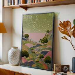 Abstract Green Countryside Art Print, Yayoi Kusama Landscape Poster, Dreamy Nature Wall Art, Modern Valley Decor, Pastel Hillside Artwork - thumbnail 2