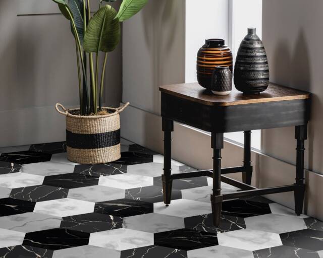 Monochrome Hexagon Tiles Vinyl Flooring, Gray Flooring Linoleum, Black Vivid Colors Inks, Marble High Quality Print, Gift For Her - image 1