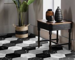 Monochrome Hexagon Tiles Vinyl Flooring, Gray Flooring Linoleum, Black Vivid Colors Inks, Marble High Quality Print, Gift For Her - thumbnail 1