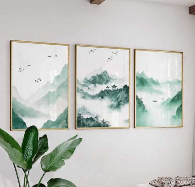 Chinese Green Landscape Poster Set, Traditional Art, Misty Mountains & Temple Prints, Nature Wall Serene Asian Decor