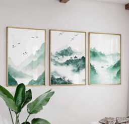Chinese Green Landscape Poster Set, Traditional Art, Misty Mountains & Temple Prints, Nature Wall Serene Asian Decor - thumbnail 1