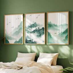 Chinese Green Landscape Poster Set, Traditional Art, Misty Mountains & Temple Prints, Nature Wall Serene Asian Decor - thumbnail 3