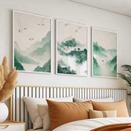 Chinese Green Landscape Poster Set, Traditional Art, Misty Mountains & Temple Prints, Nature Wall Serene Asian Decor - thumbnail 2